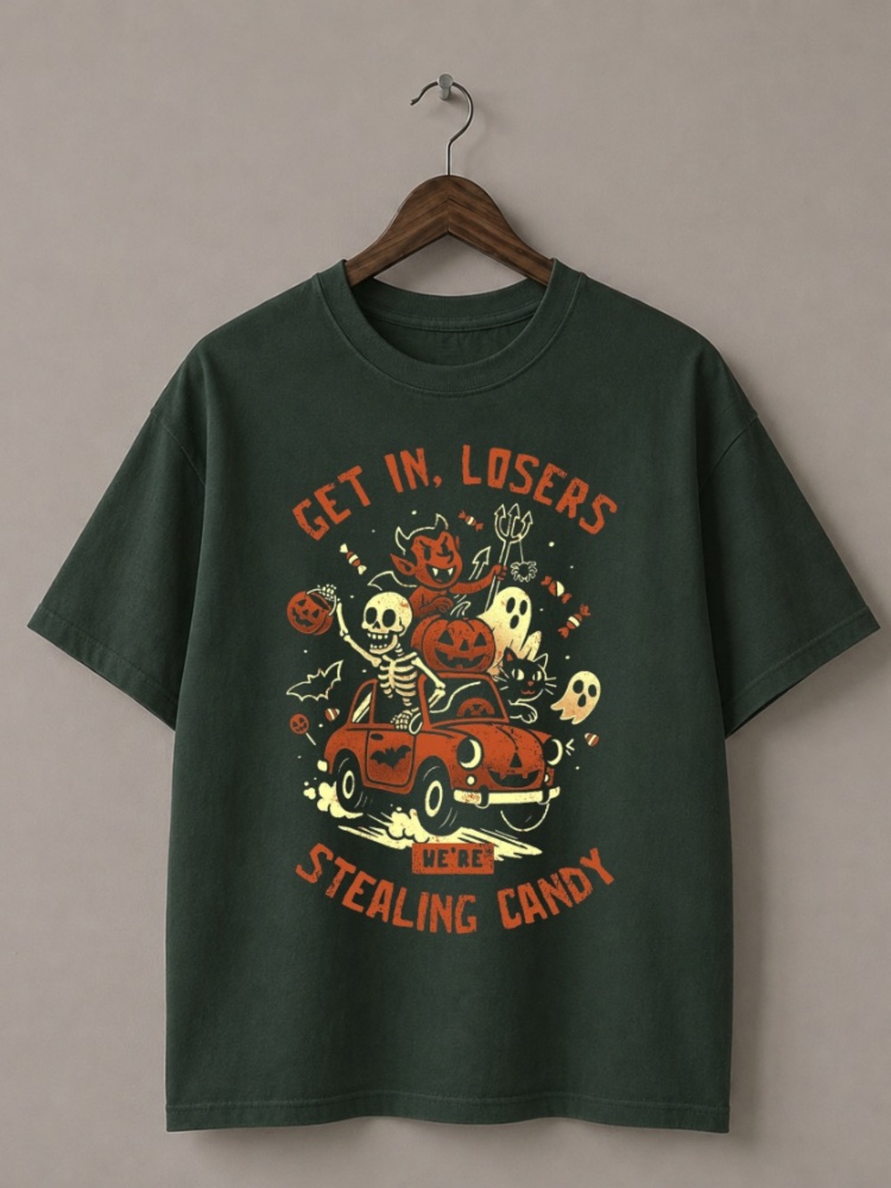 Get In Losers We’re Stealing Candy Vintage Halloween Graphic Tee - Forest Green